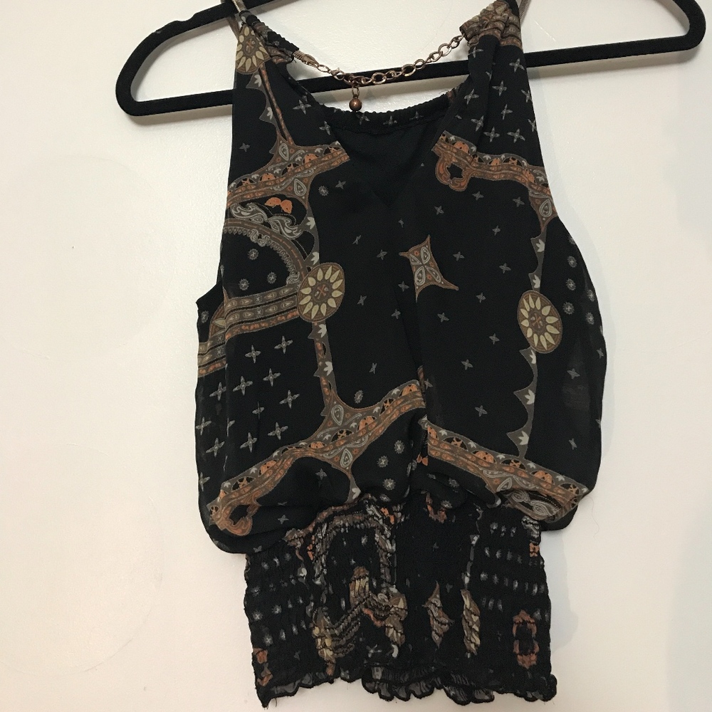Medallion Cinched Halter Blouse with Chain Neck